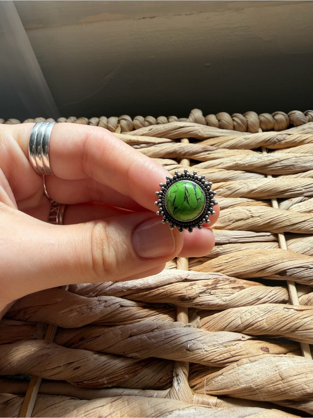 Green Stone Silver-Tone Women's Statement Ring size 5